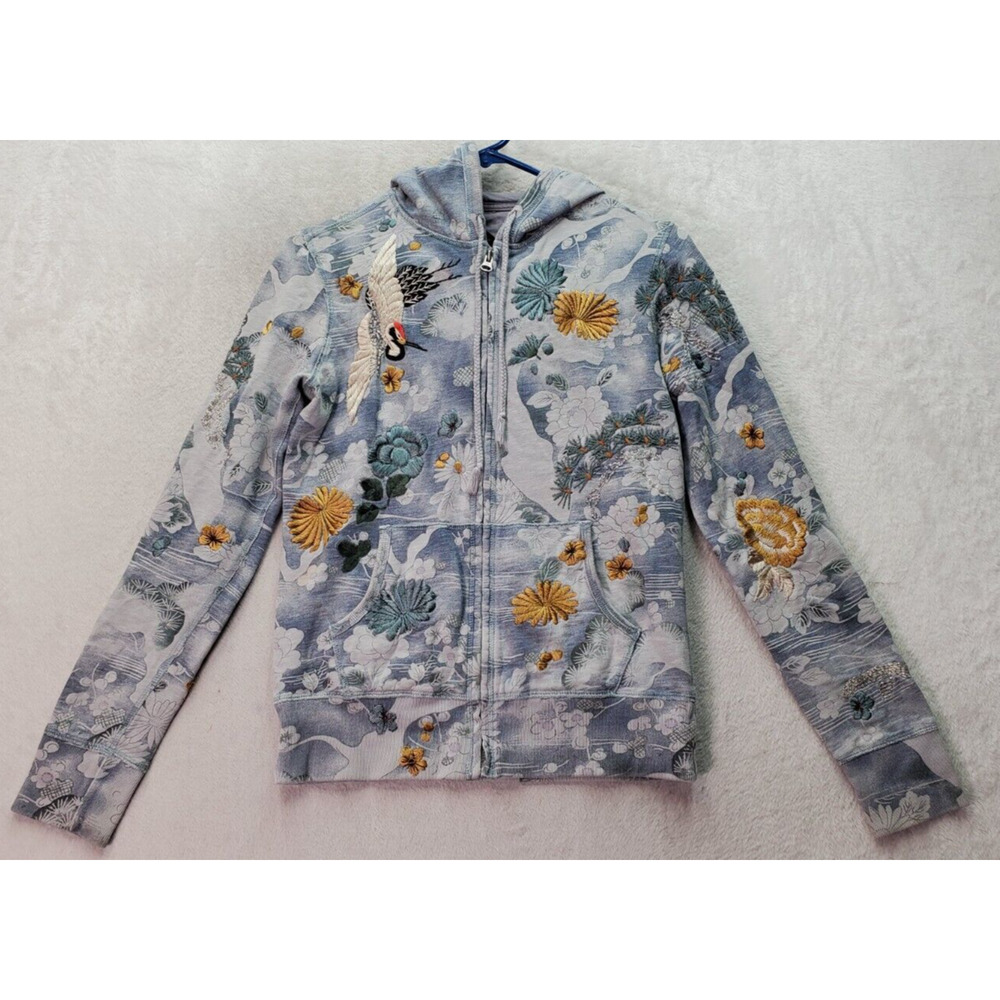 Lucky Brand Hoodie Women's XS Blue Gray Embroidered Floral Full Zip Drawstring